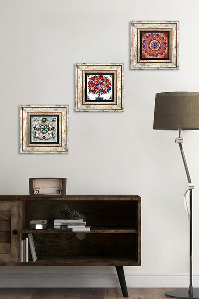 Pinecone Mandala, Tile Art, Pomegranate Tree Stone Wall Painting Framed Wall Decor 3 Piece Painting Set Tk3-388