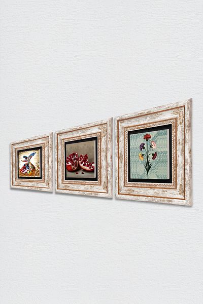 Pinecone Marbling Art, Whirling Dervish, Pomegranate Stone Wall Painting Framed Wall Decor 3 Piece Painting Set Tk3-892