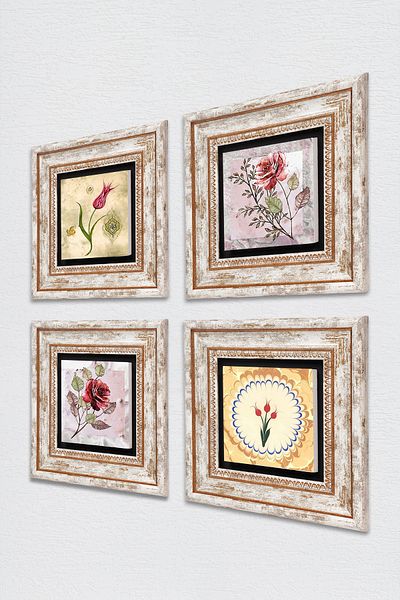 Pinecone Rose Flower, Tulip Stone Wall Painting Πλαίσιο Διακόσμηση τοίχου 4 τεμαχίων Σετ ζωγραφικής Wall Art Tk4-1371