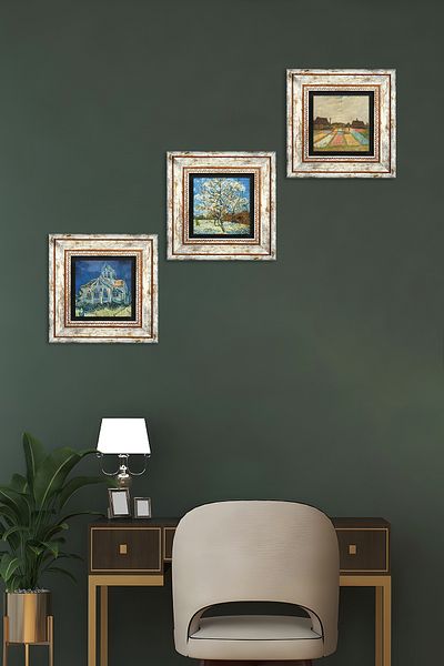 Pinecone Pictură pe perete cu piatră Van Gogh Decor de perete înrămat Set de pictură din 3 piese Artă de perete Tk3-536