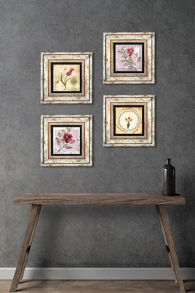 Pinecone Rose Flower, Tulip Stone Wall Painting Πλαίσιο Διακόσμηση τοίχου 4 τεμαχίων Σετ ζωγραφικής Wall Art Tk4-1371