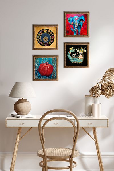 Pinecone Elephant, Evil Eye, Shahmeran, Pomegranate Stone Wall Painting Wooden Framed Wall Decor 4 Piece Painting Set