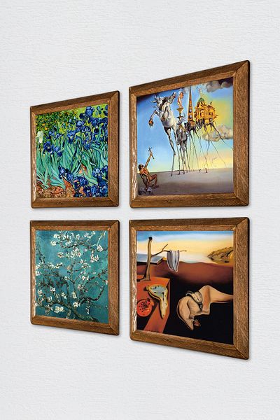 Pinecone Salvador Dali, Van Gogh Stone Wall Painting with Wooden Frame Wall Decor 4 Piece Painting Set Wall Art