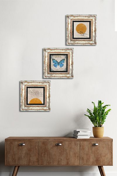 Pinecone Minimalist, Butterfly Stone Wall Painting Framed Wall Decor 3 Piece Painting Set Wall Art