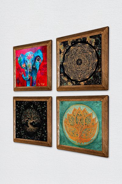 Pinecone Elephant, Sri Yantra, Lotus Flower, Tree of Life Stone Wall Painting Wooden Framed Wall Decor 4 Piece Painting