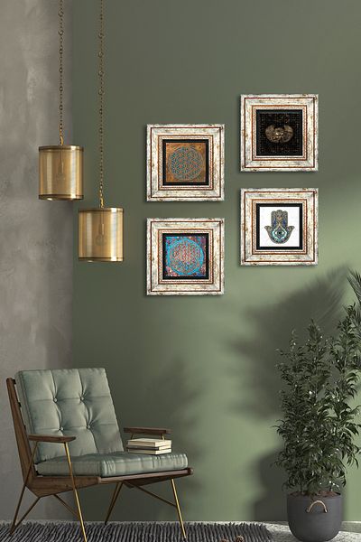 Pinecone Ochiul lui Horus, Floarea Vieții, Mâna Maitei (HAMSA) Pictură pe perete cu piatră Decor de perete înrămat 4 bucăți