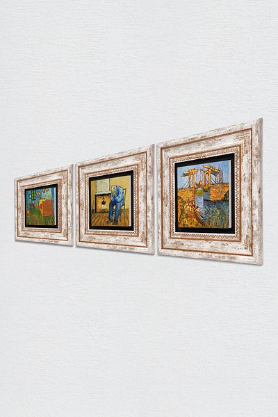 Pinecone Van Gogh Pictură pe perete cu piatră Decorație de perete înrămată Set de pictură din 3 piese Wall Art Tk3-545