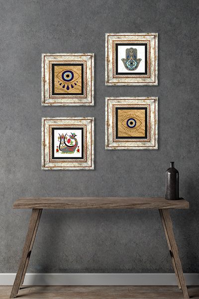 Pinecone Evil Eye, Şahmeran, Fatma Ana Eli (HAMSA) Pictură pe perete cu pietre, decor de perete înrămat, set de 4 piese Tk4-1496