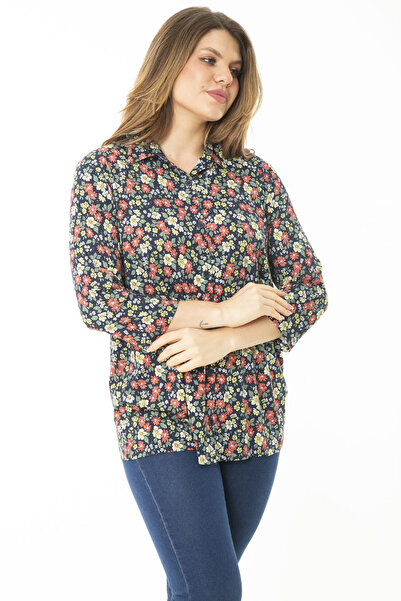 Şans Women's Large Size Colorful Front Buttoned Capri Sleeve Blouse 65N37150