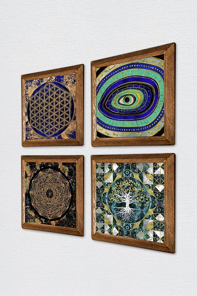 Pinecone Arborele vieții, ochiul rău, Sri Yantra, floarea vieții pictură pe perete din piatră decor de perete cu rame din lemn