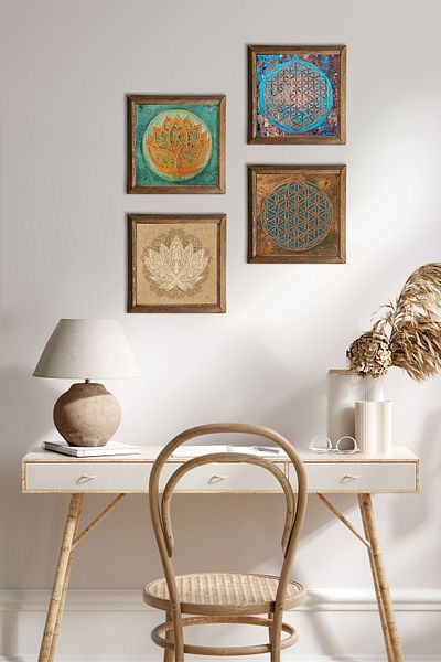 Pinecone Flower of Life, Lotus Flower Stone Wall Painting Wood Framed Wall Decor Set of 4 Painting W4-120