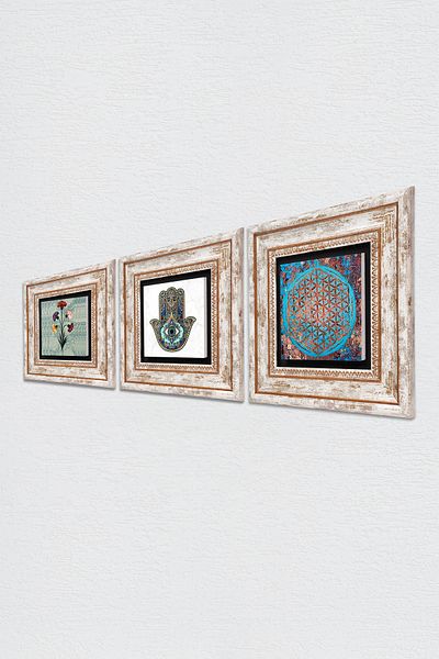 Pinecone Marbling Art, Flower of Life, Hand of Mother Fatima (Hamsa) Stone Wall Painting Framed Wall Decor 3 Painting