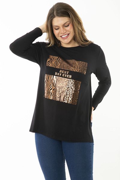 Şans Women's Plus Size Black Front Printed Long Sleeve Blouse 65N37155