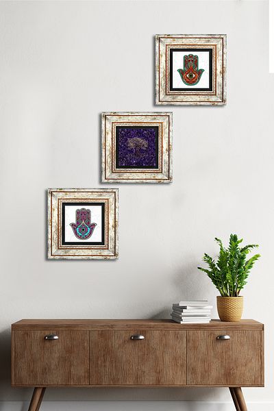 Pinecone Tree of Life, Fatma Mother Hand (Hamsa) Stone Wall Painting Framed Wall Decor Set of 3 Painting Tk3-1874