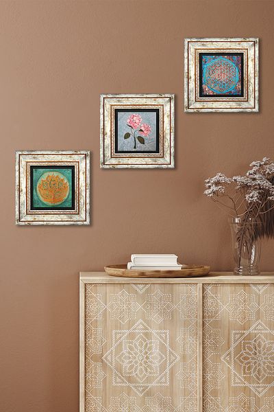 Pinecone Flower of Life, Lotus Flower, Pink Hydrangea Flower Stone Wall Painting Framed Wall Decor 3 Piece Painting