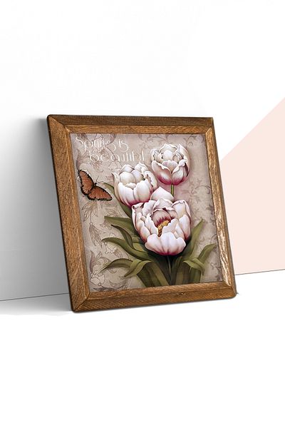 Pinecone Butterfly Flower Stone Wall Painting Wooden Framed Wall Decor Wall Art 25X25Cm W1-14
