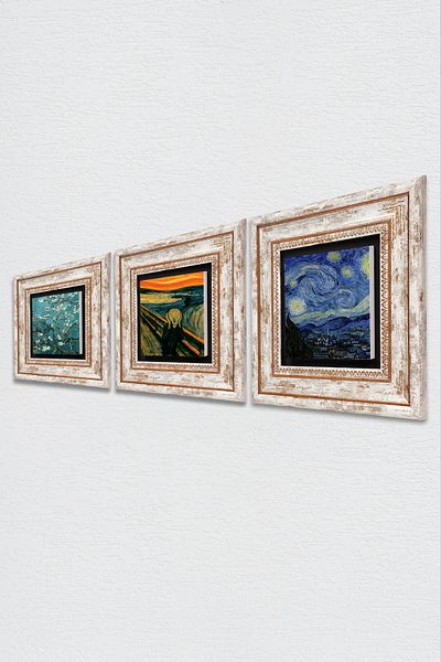 Pinecone The Scream Painting, Van Gogh Starry Night, Almond Tree Stone Wall Painting Framed Wall Decor 3 Pieces