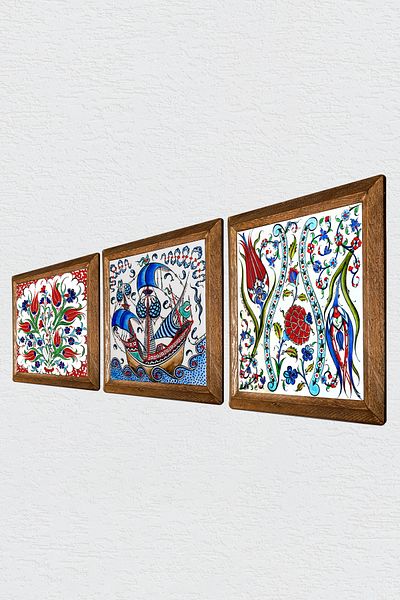 Pinecone Tile Art Tulip, Sailing Ship Stone Wall Painting with Wooden Frame Wall Decor 3 Piece Painting Set