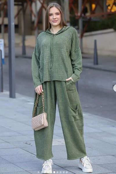 AYASOFYA OTANTIK Women's Khaki Hooded Sweater and Pants 2-Piece Oversize Loose Cotton Knitwear Set