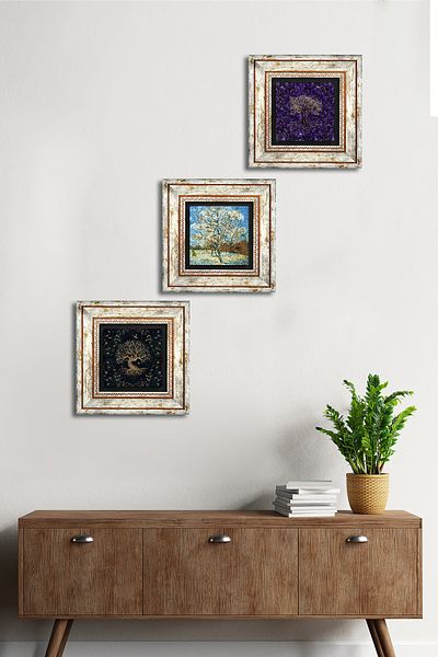 Pinecone Van Gogh înflorit pomi de piersic roz, arborele vieții pictură pe perete de piatră cu rame decor de perete