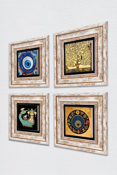 Pinecone Evil Eye, Tree of Life, Shahmeran Stone Wall Painting Framed Wall Decor 4 Piece Painting Set Tk4-1207