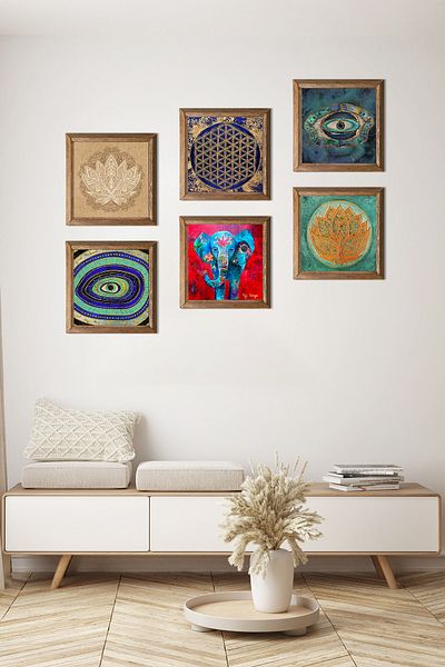 Pinecone Elephant, Evil Eye, Lotus Flower, Flower of Life Stone Wall Painting Wooden Framed Wall Decor Set of 6 Paintings