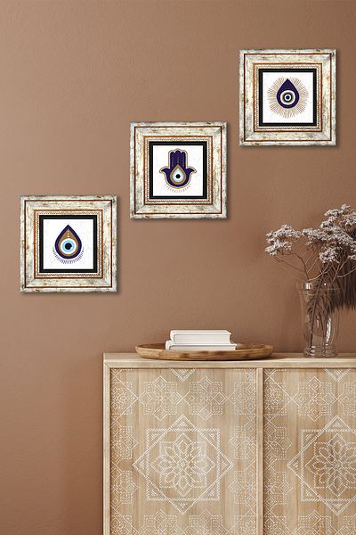 Pinecone Fatma Ana Hand (HAMSA), Pictură de perete cu piatră Nazar Decor de perete înrămat Set de pictură 3 piese Tk3-1721