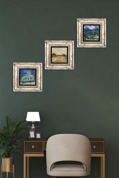 Pinecone Copaci de mări Van Gogh, biserică, câmpuri de lalele Pictură pe perete de piatră Decor de perete înrămat Pictură din 3 piese