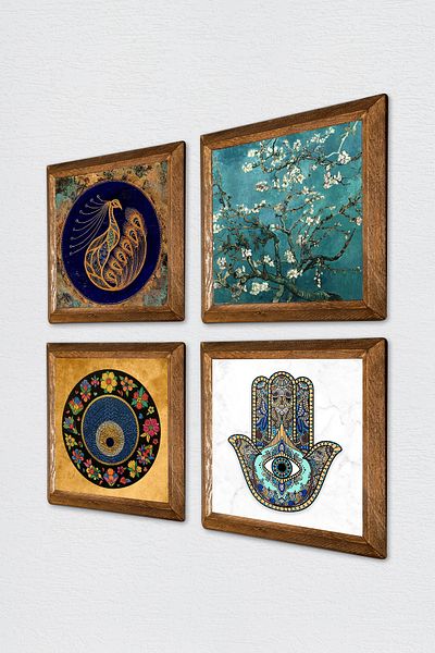 Pinecone Păun, ochi rău, arbore de migdale Van Gogh, mână Fatma Ana (HAMSA) Decor de perete înrămat cu pictură pe piatră