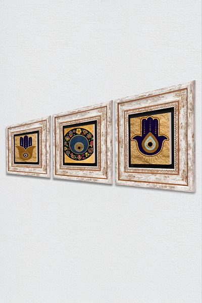 Pinecone Fatma Mother Hand (Hamsa), Nazar Stone Wall Painting Framed Wall Decor 3 Piece Painting Set Tk3-1908