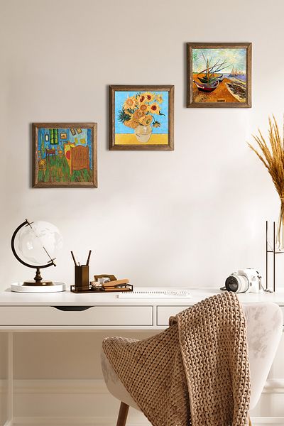 Pinecone Van Gogh Pictură pe perete cu piatră Decor de perete cu rame din lemn Set de pictură din 3 piese Wall Art W3-553