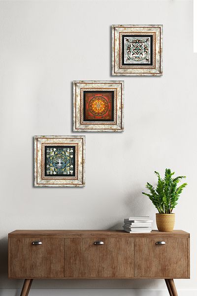 Pinecone Tree of Life, Sri Yantra, Chinese Art Stone Wall Painting Framed Wall Decor 3 Piece Set Tk3-694
