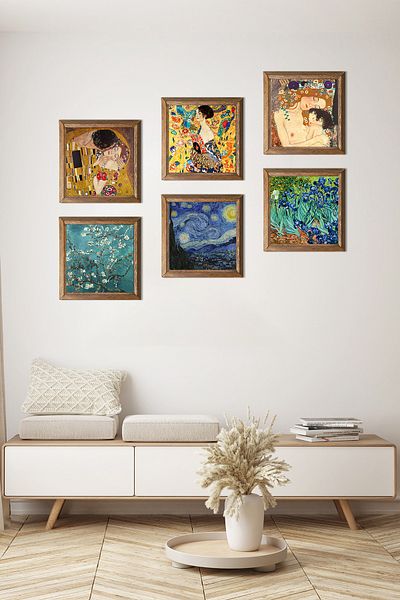 Pinecone Gustav Klimt, Van Gogh Stone Wall Painting with Wooden Frame Wall Decor 6 Piece Painting Set Wall Art