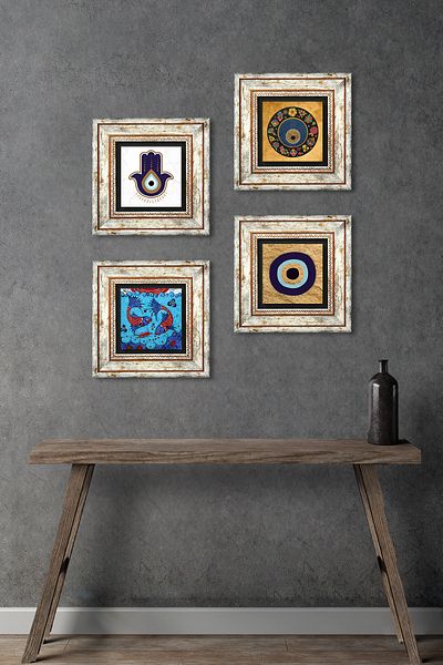 Pinecone Fatma Mother Hand (Hamsa), Chinese Art Fish, Evil Eye Stone Wall Painting Framed Wall Decor 4 Piece Painting