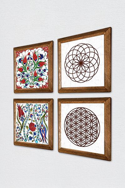 Pinecone Tulip, Flower of Life Stone Wall Painting Wood Framed Wall Decor 4 Piece Painting Set W4-705