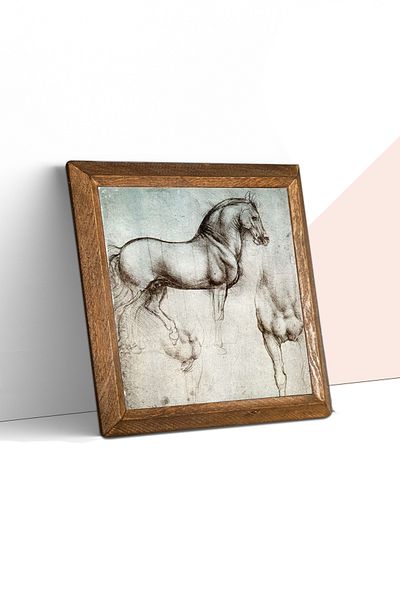Pinecone Leonardo Da Vinci Horse Sculpture Stone Wall Painting Wood Framed Wall Decor Wall Art 25x25cm