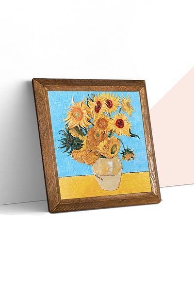 Pinecone Vincent Van Gogh Twelve Sunflowers Vase Stone Wall Painting with Wooden Frame Wall Decor Wall Art