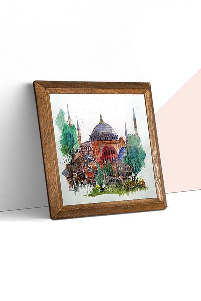 Pinecone Istanbul Hagia Sophia Stone Wall Painting Wooden Framed Wall Decor Wall Art 25X25Cm