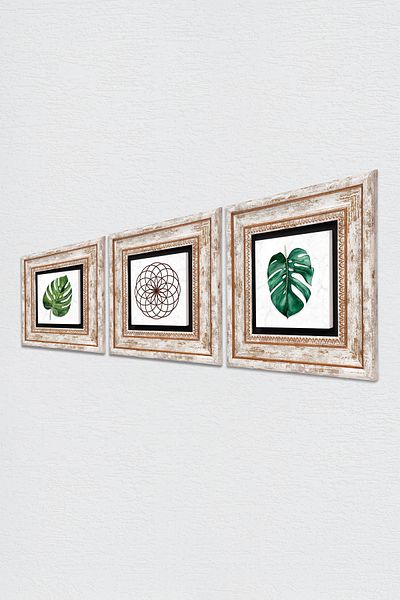 Pinecone Leaf, Flower of Life Stone Wall Painting Framed Wall Decor 3 Piece Painting Set Wall Art Tk3-411