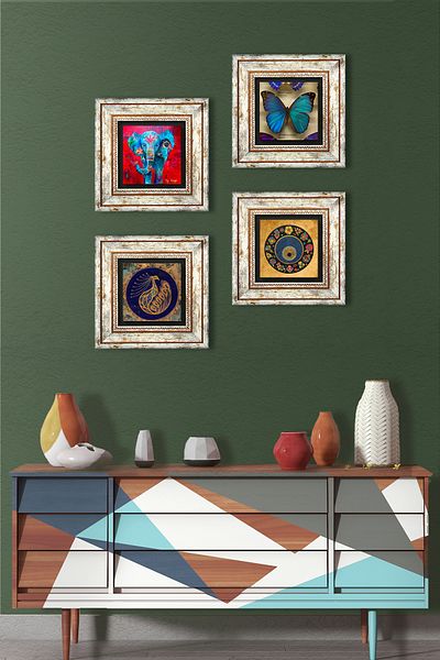 Pinecone Butterfly, Elephant, Peacock, Evil Eye Stone Wall Painting Framed Wall Decor 4 Piece Painting Set Tk4-337