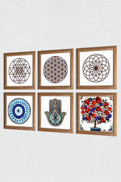 Pinecone Evil Eye, Flower of Life, Sri Yantra, Pomegranate Tree, Mother Hand of Fatma (Hamsa) Stone Painting Framed Wall Decor