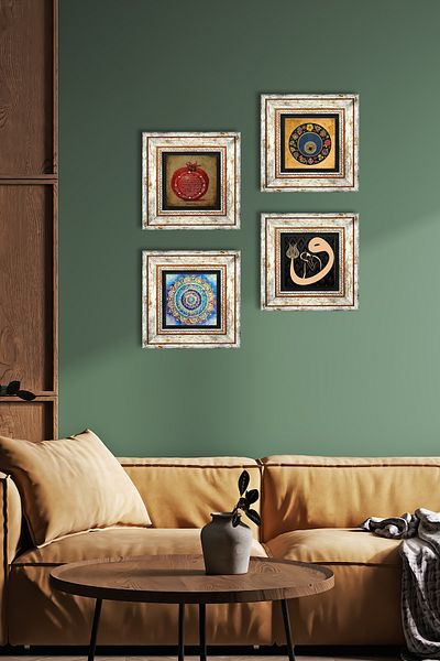 Pinecone Mandala, Vav, Evil Eye, Rugăciune de binecuvântare Pictură pe perete cu cadru Decor de perete Set de 4 picturi Tk4-248