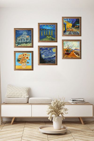 Pinecone Van Gogh Stone Wall Painting with Wood Frame Wall Decor 6 Piece Painting Set Wall Art W6-47