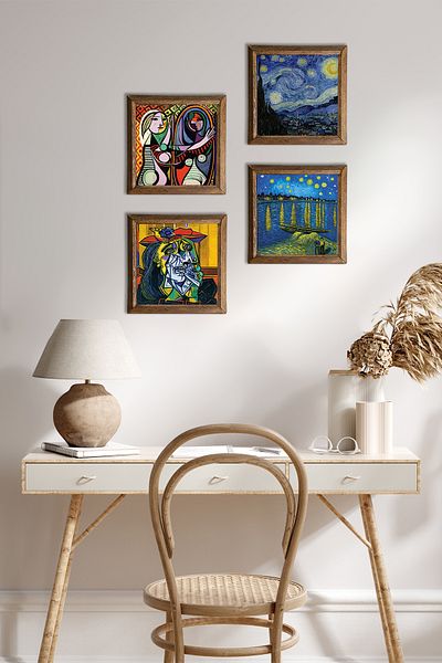 Pinecone Picasso, Van Gogh Stone Wall Painting with Wood Frame Wall Decor 4 Piece Painting Set Wall Art W4-689