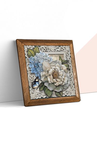 Pinecone Butterfly Flower Stone Wall Painting Wooden Framed Wall Decor Wall Art 25X25Cm W1-13