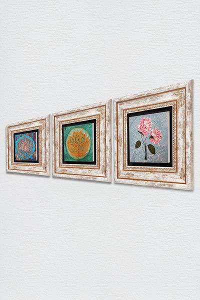 Pinecone Flower of Life, Lotus Flower, Pink Hydrangea Flower Stone Wall Painting Framed Wall Decor 3 Piece Painting
