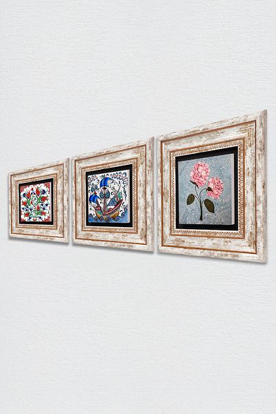 Pinecone Tile Art Tulip, Sailing Ship, Pink Hydrangea Flower Stone Wall Painting Framed Wall Decor