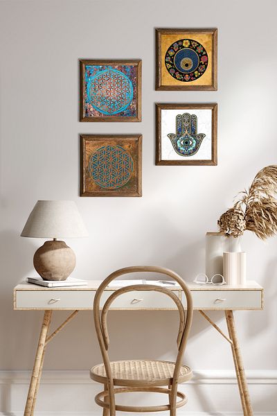Pinecone Flower of Life, Evil Eye, Fatma Mother Hand Stone Wall Painting Wooden Framed Wall Decor 4 Piece Painting W4-405