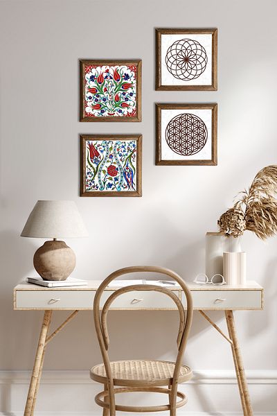 Pinecone Tulip, Flower of Life Stone Wall Painting Wood Framed Wall Decor 4 Piece Painting Set W4-705