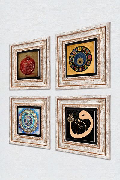 Pinecone Mandala, Vav, Evil Eye, Rugăciune de binecuvântare Pictură pe perete cu cadru Decor de perete Set de 4 picturi Tk4-248